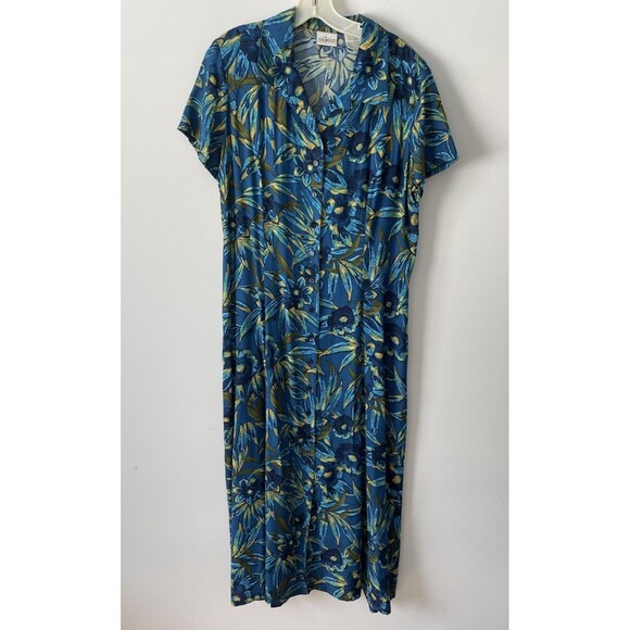 Villager Liz Claiborne Maxi Blue Floral Dress Size 14 Vintage Hawaiian Tropical - Picture 1 of 7